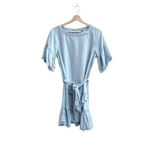 Amenah Chambray Dress with Raw Edge Layered Ruffle Hem and Sleeves, Size Small